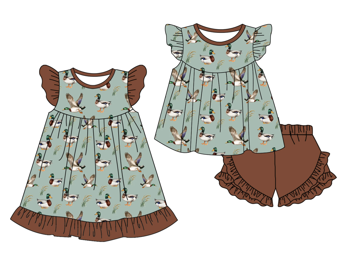 25.11.1 custom each style moq 5 eta 6-8week Sibling Sister duck baby girl short sleeve shorts sets and dress match design