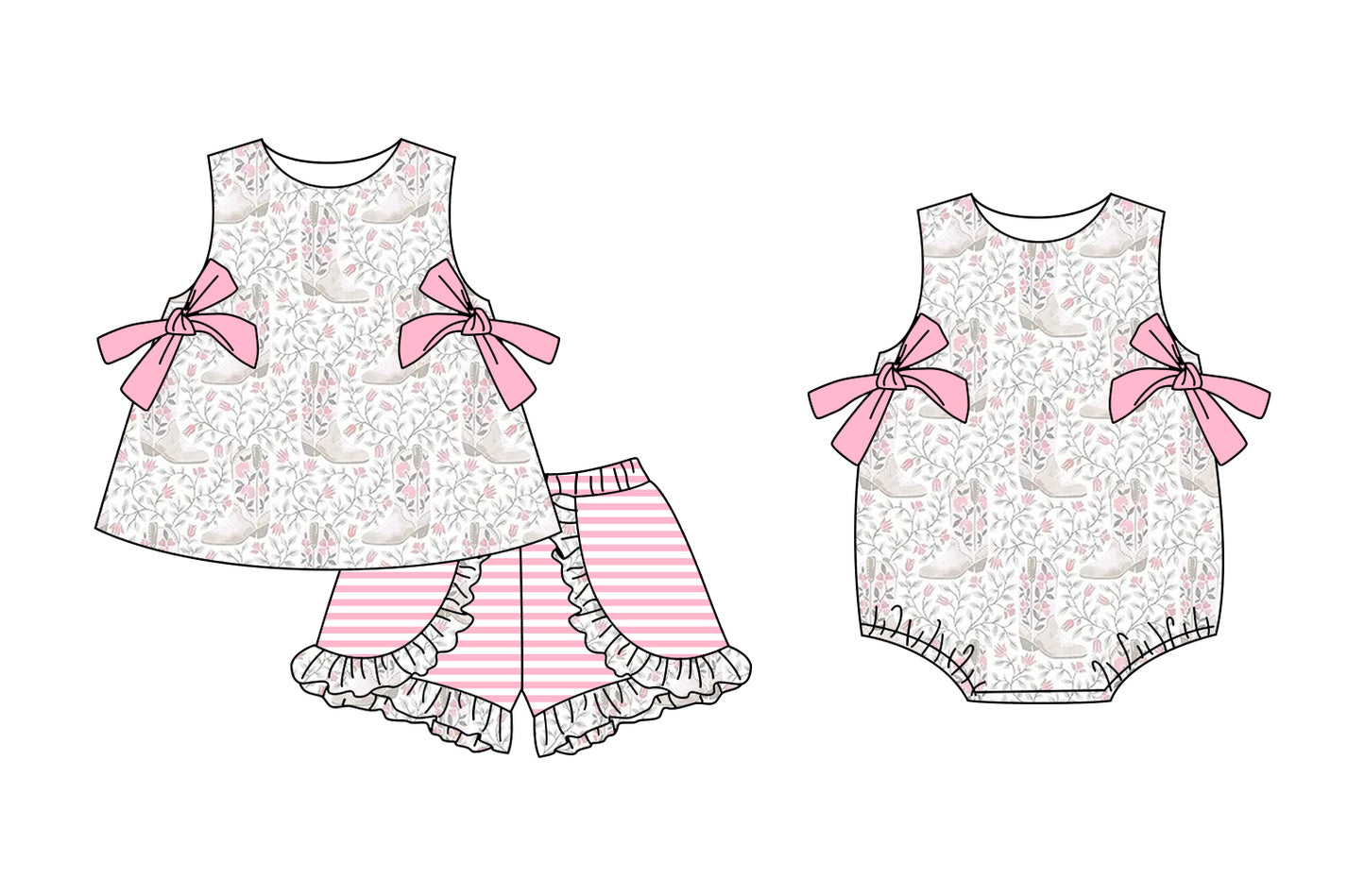 25.5.26 custom each style moq 5eta 4-6week Sibling Sisters boots floral baby girl short sleeve shorts sets and rompers match family design