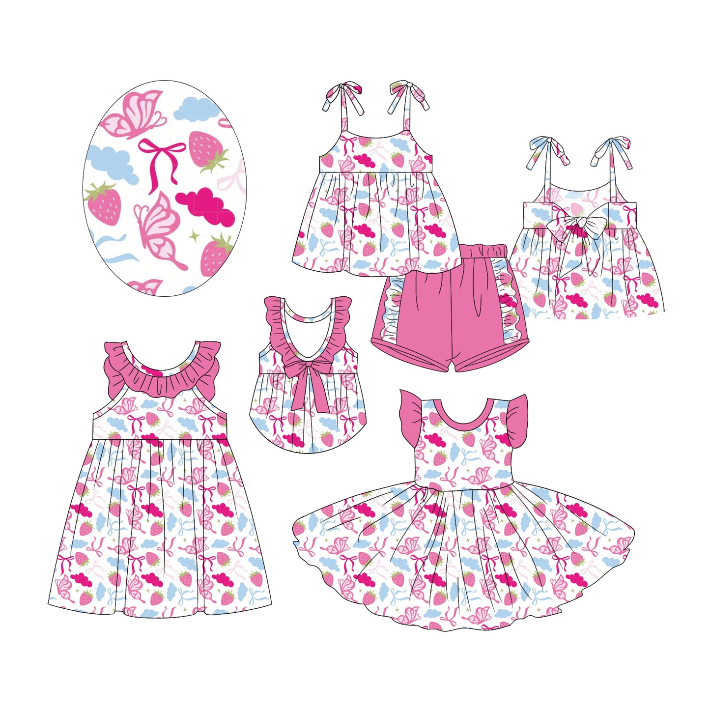 2.19 custom each style moq 5eta 4-6week Sibling Sister bow strawberry baby girl short sleeve shorts sets and dress and dress 2 match design