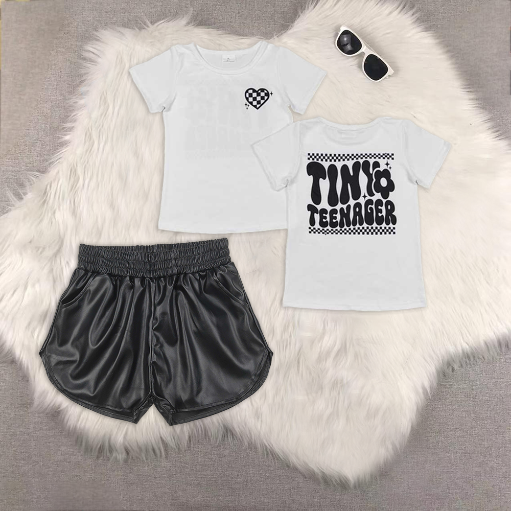 RTS NO MOQ ETA 5/7days Arrived GT0527+SS0413 tiny teenager black and white plaid heart short-sleeved top Glossy leather black shorts sets