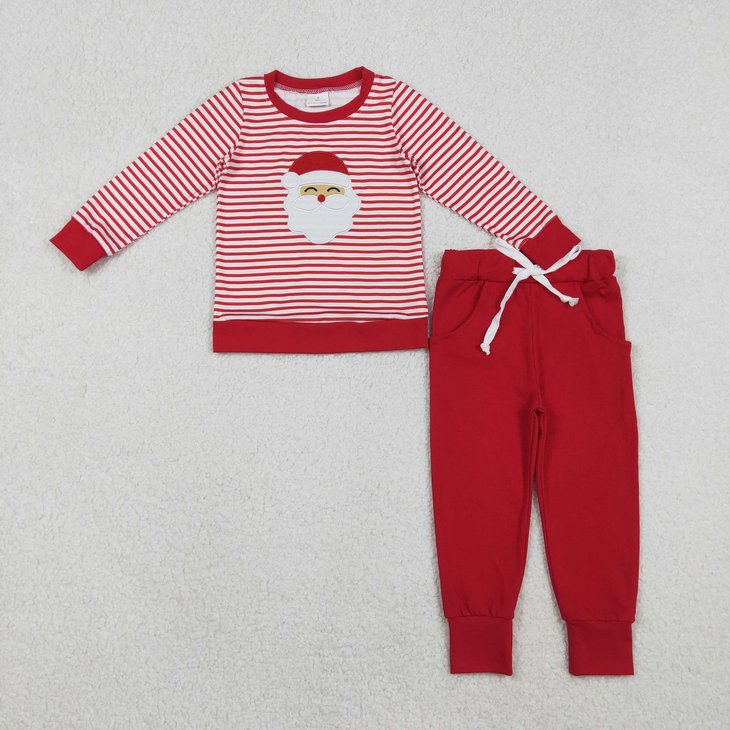 RTS NO MOQ(In Stock) BLP1223 Embroidered Santa Claus Red Striped Long-Sleeved Pants Set