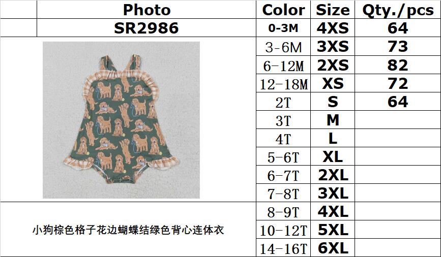 RTS NO MOQ SR2986 Puppy brown plaid lace bow green vest jumpsuit
