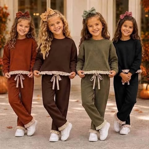 (Preorder new) No moq Baby Girls Solid Long Sleeve Pocket Sweatshirt Pants Clothes Set