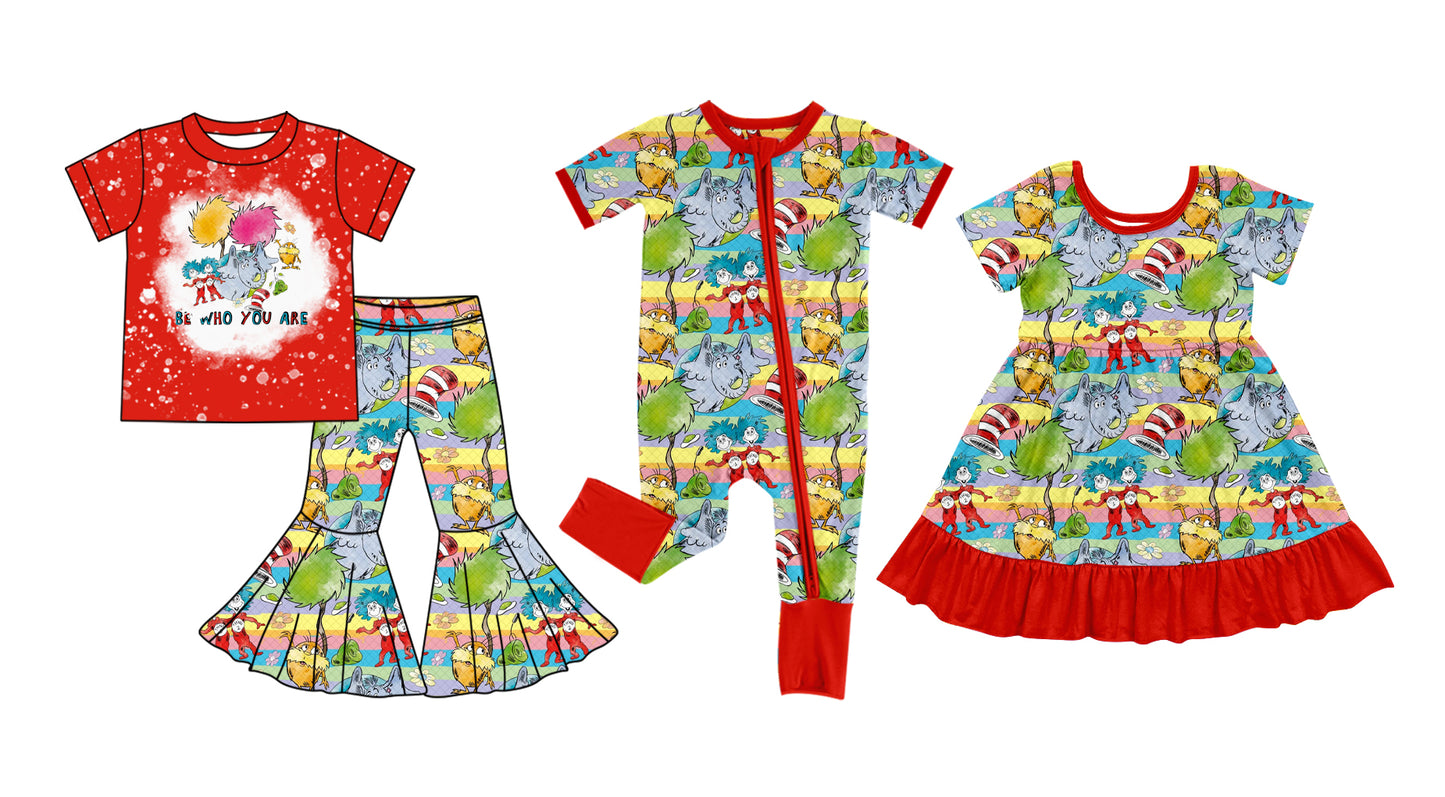11.29 custom each style moq 5eta 4-6week Sibling Sister dr seuss red baby girl sets and dress and rompers match family design