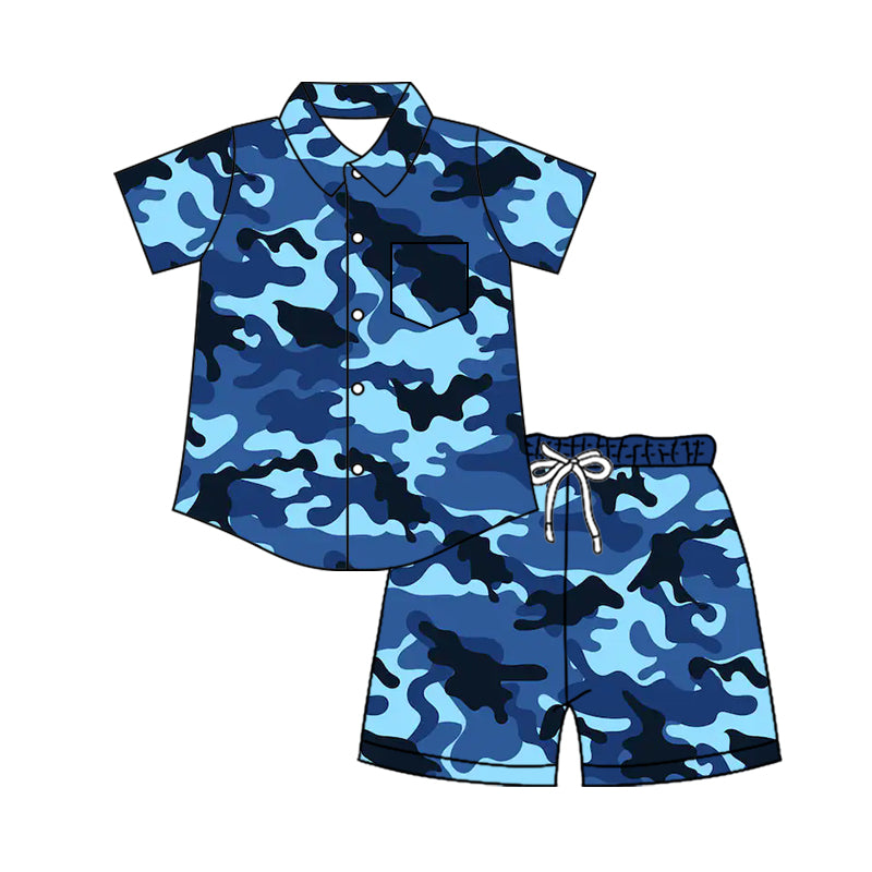 4.11 Custom moq 5 mix size Baby Boy Blue Camo Short-Sleeved Button-Down Top with Pockets And Shorts Set