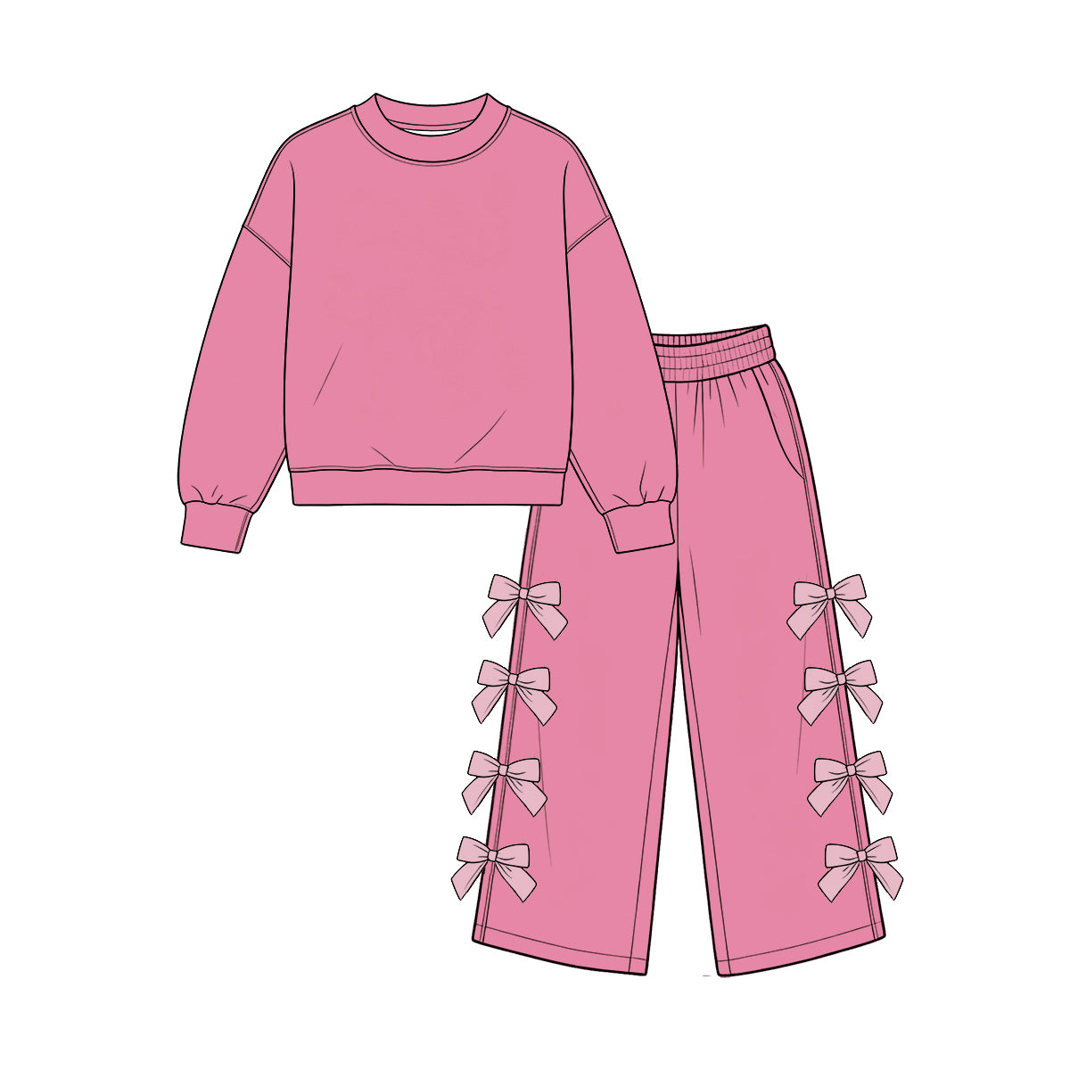 custom moq 5 mix size Baby Girls Pink Long Sleeve Crew Neck Top Bow Wide Leg Pants Two Piece Set