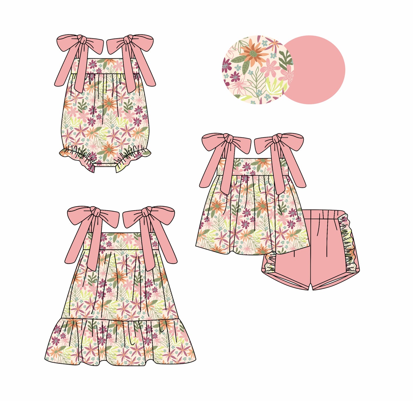 3.1 custom each style moq 5eta 4-6week Sibling Sister floral baby girl short sleeve shorts sets and dress and rompers match family design