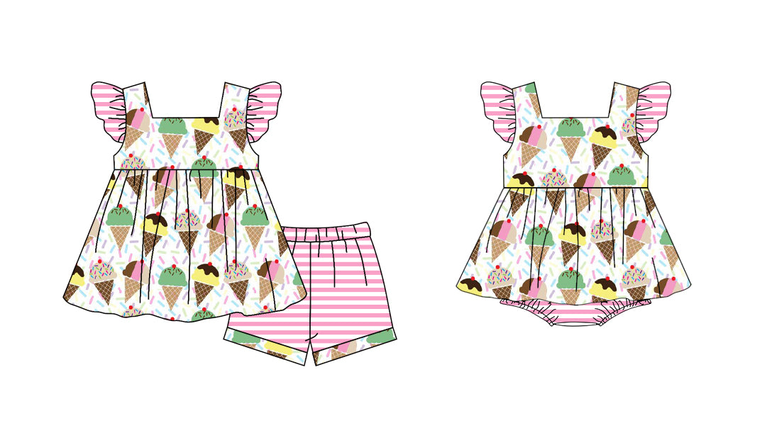 3.10 custom each style moq 5eta 4-6week Sibling Sister ice cream baby girl short sleeve shorts sets and romper match design