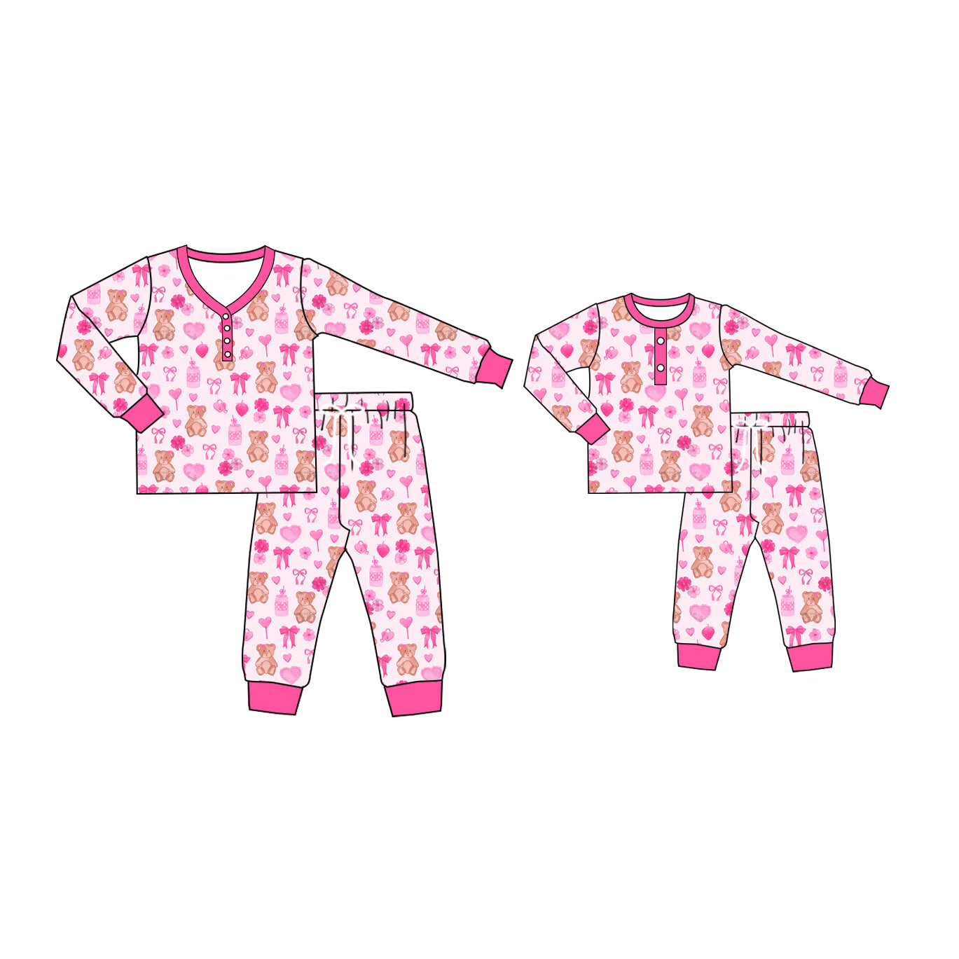 12.2 custom each style moq 5eta 4-6week Sibling Sister bear love pink baby girls long sleeve pants sets and adult sets match design
