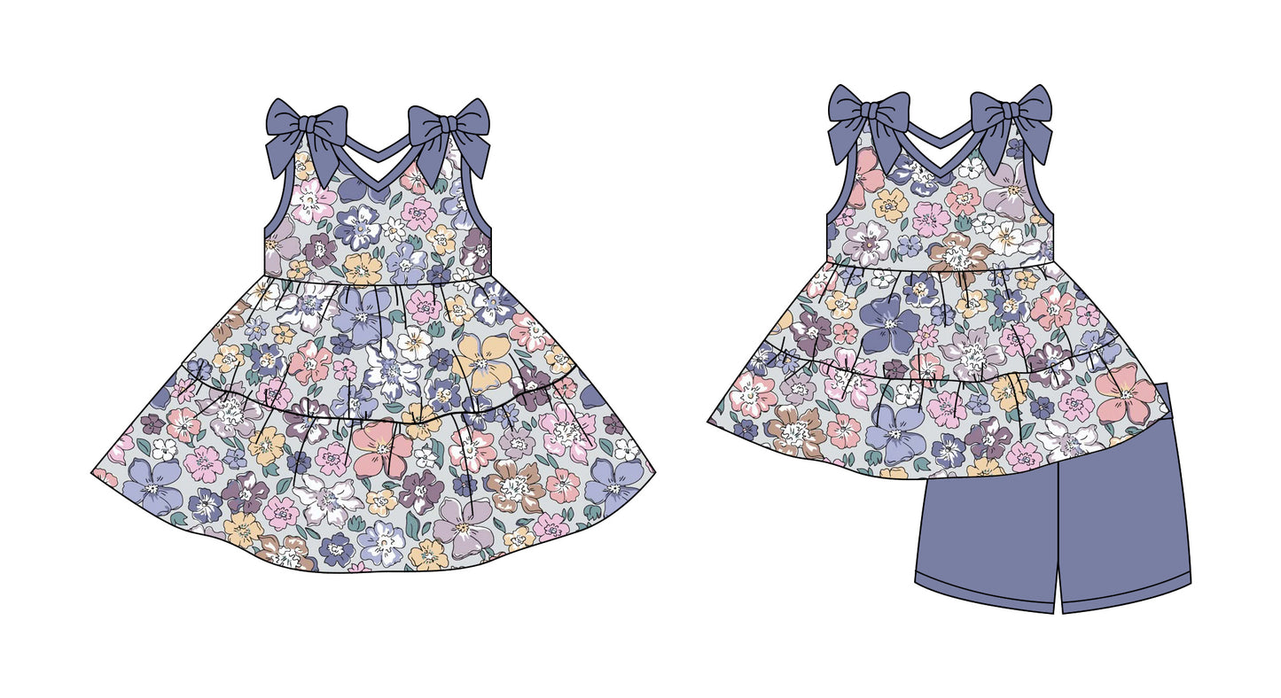 2.28 custom each style moq 5eta 4-6week Sibling Sister floral baby girl short sleeve shorts sets and dresses match design