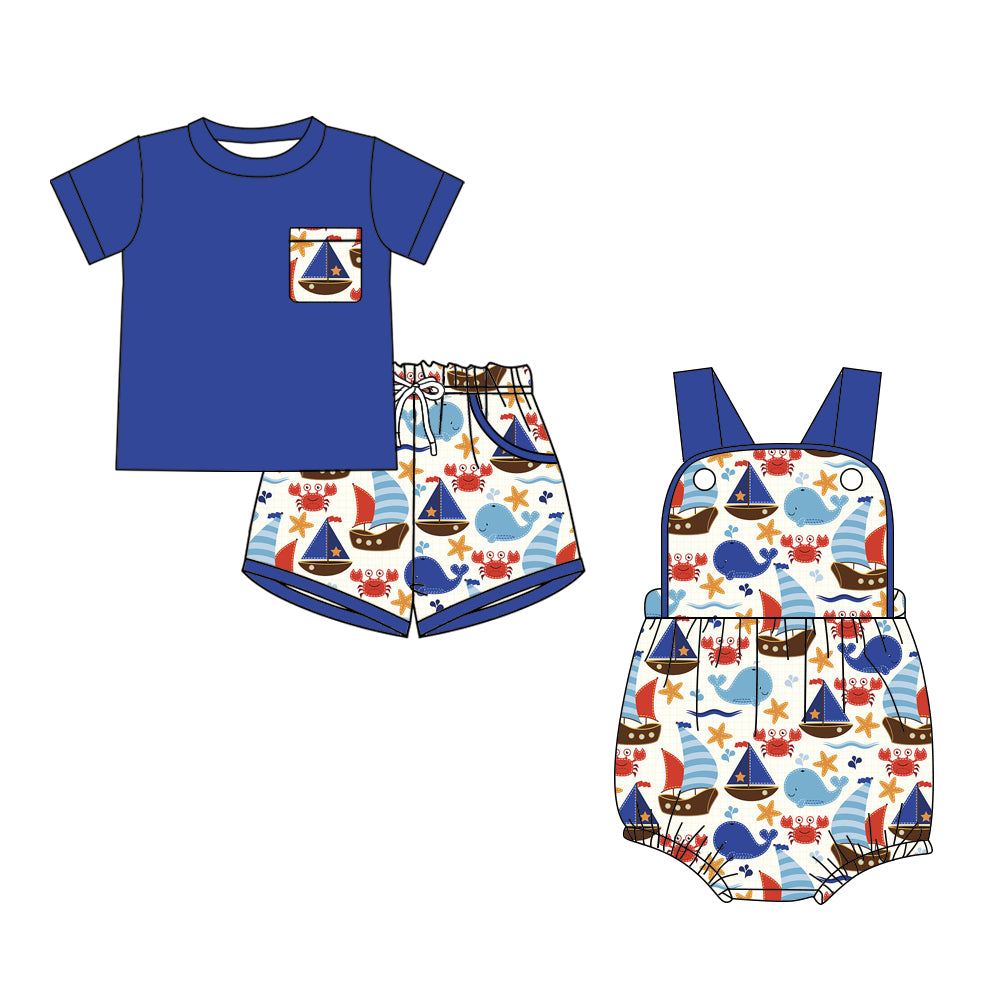 Custom moq 5 mix size Sibling blue Baby Boys Romper Short-Sleeved Top And Shorts Set for Infants