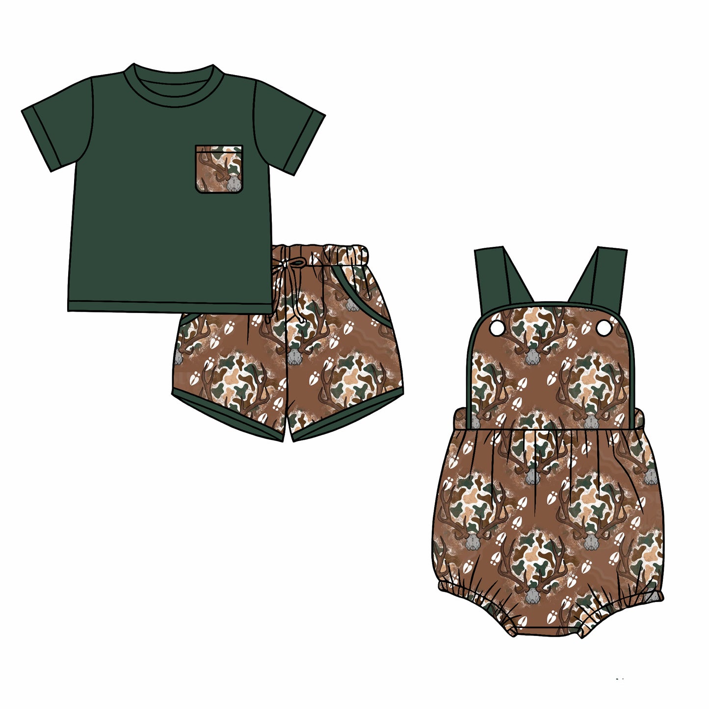 2.28 Custom moq 5 mix size Sibling Baby Boys Camo Romper Short-Sleeved Green Top And Shorts Set