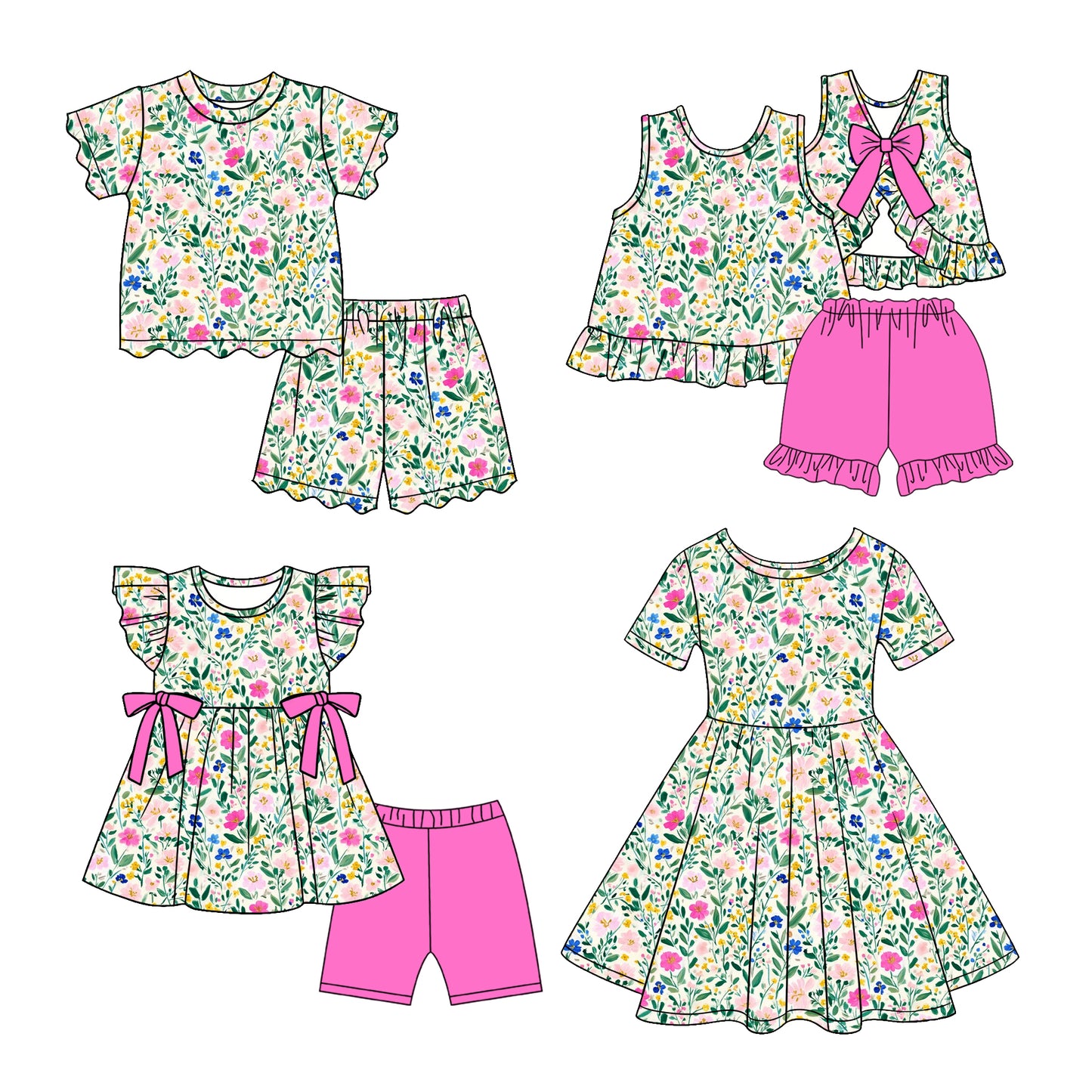 2.26 Custom moq 5 mix size Sibling Baby Girl Green Floral print Short-Sleeved Outfit And Dress