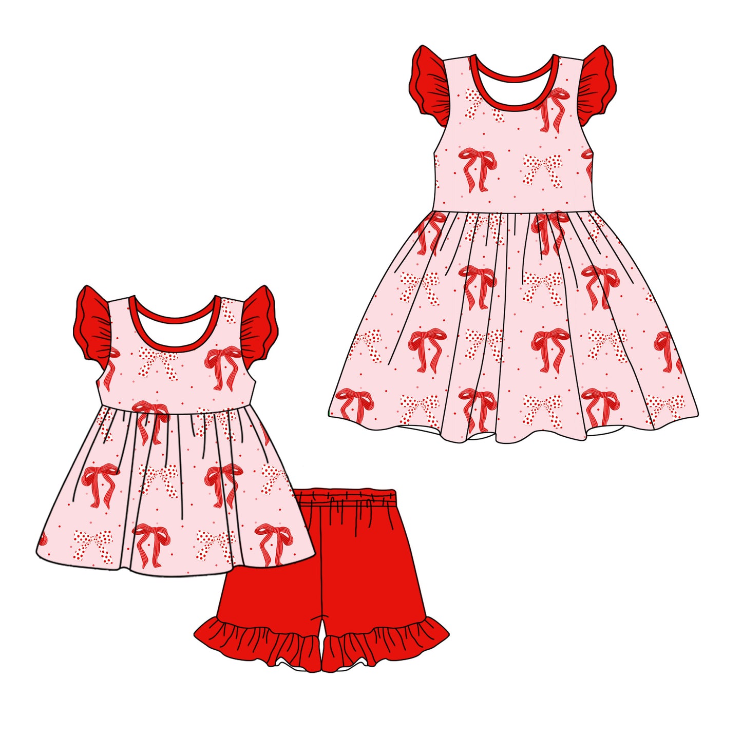 12.11 custom each style moq 5eta 4-6week Sibling Sister bow baby girl short sleeve shorts sets and dresses match design
