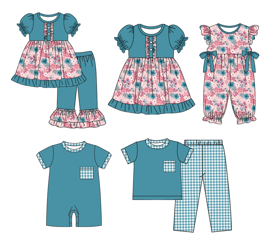 11.3 custom each style moq 5eta 4-6week Sibling Sister floral green baby girl sets 1 and sets 2 and dress and boy rompers and girl romper match family design
