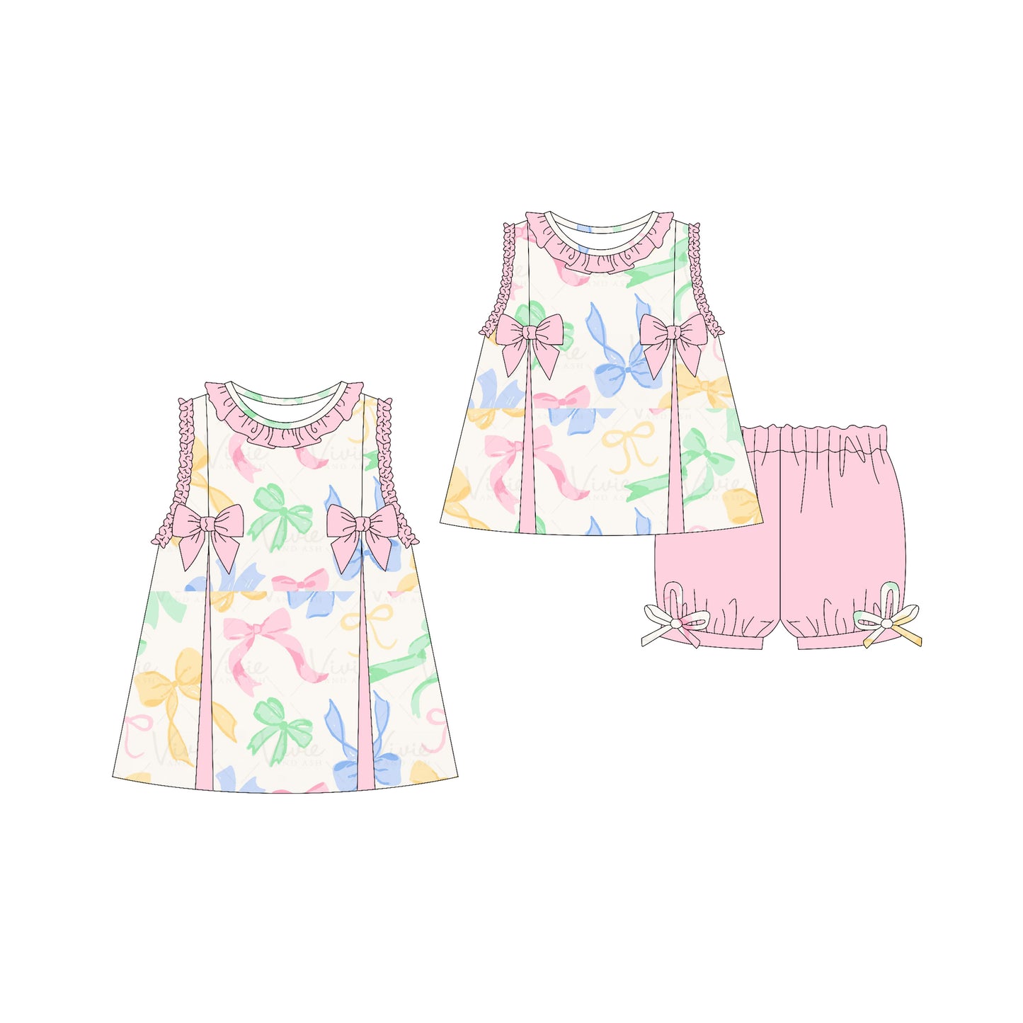 3.21 custom each style moq 5eta 4-6week Sibling Sister bow baby girl short sleeve shorts sets and dresses match design