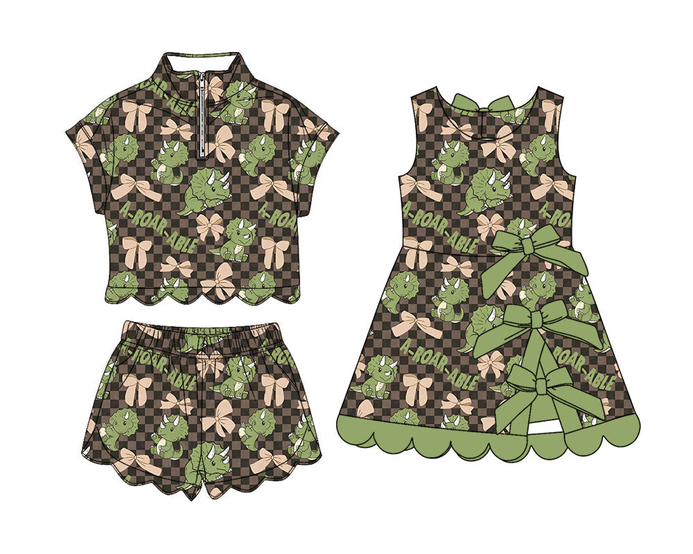 4.9 Custom moq 5 mix size Sibling Baby Girls Checked Zipper Top Short Scallop Sets Yoga Active Scallop Short Knee Length Dress