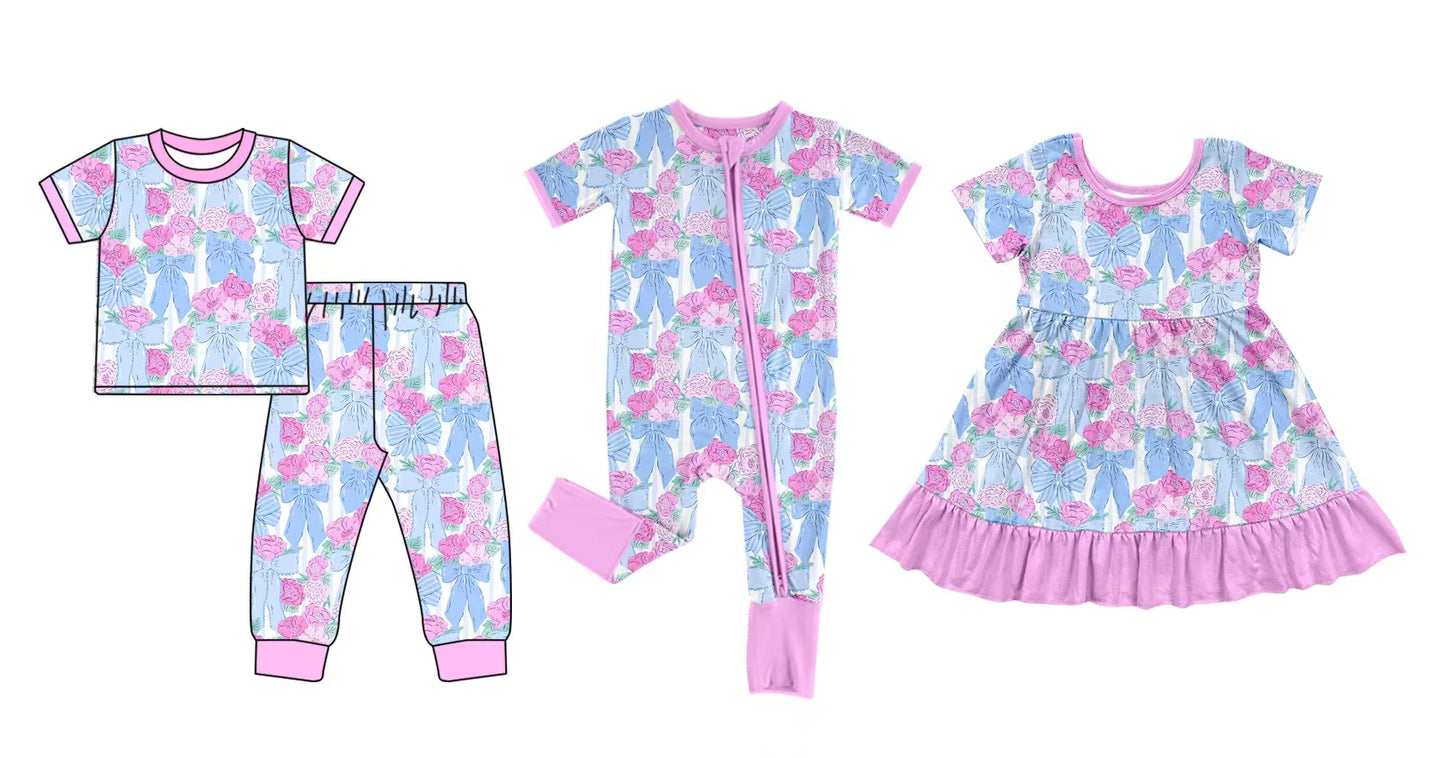 12.5 custom each style moq 5eta 4-6week Sibling Sister bow floral baby girl sets and dress and rompers match family design