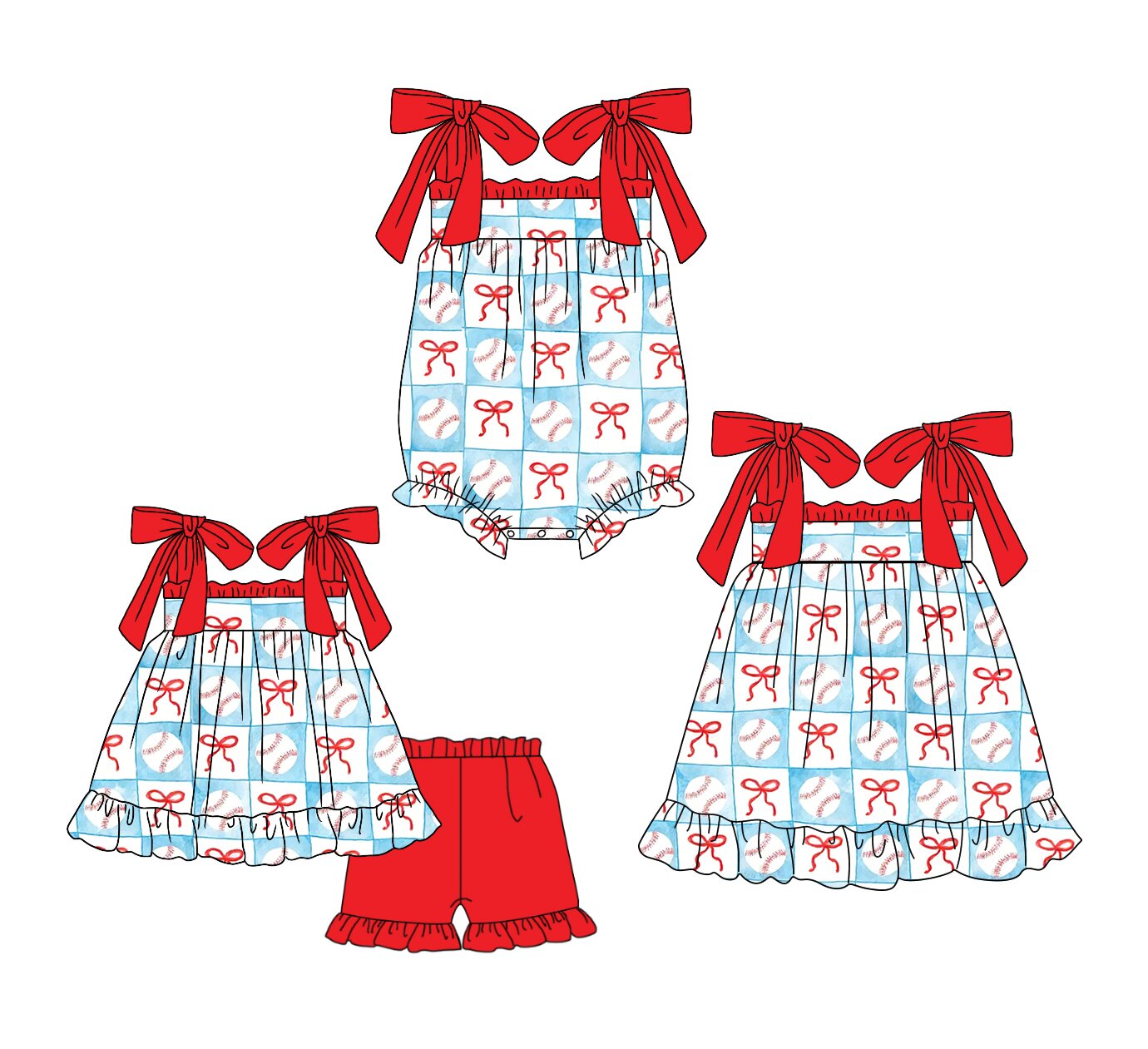 26.1.24 custom each style moq 5 eta 6-8week Sibling Sister baseball bow baby short sleeve shorts sets and romper and dress match design