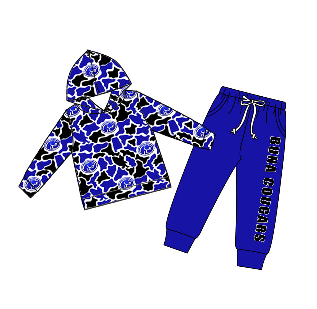 Custom moq 5 mix size teams Baby Boy Casual Camo Hooded Top Drawstring Pants Set with Pockets
