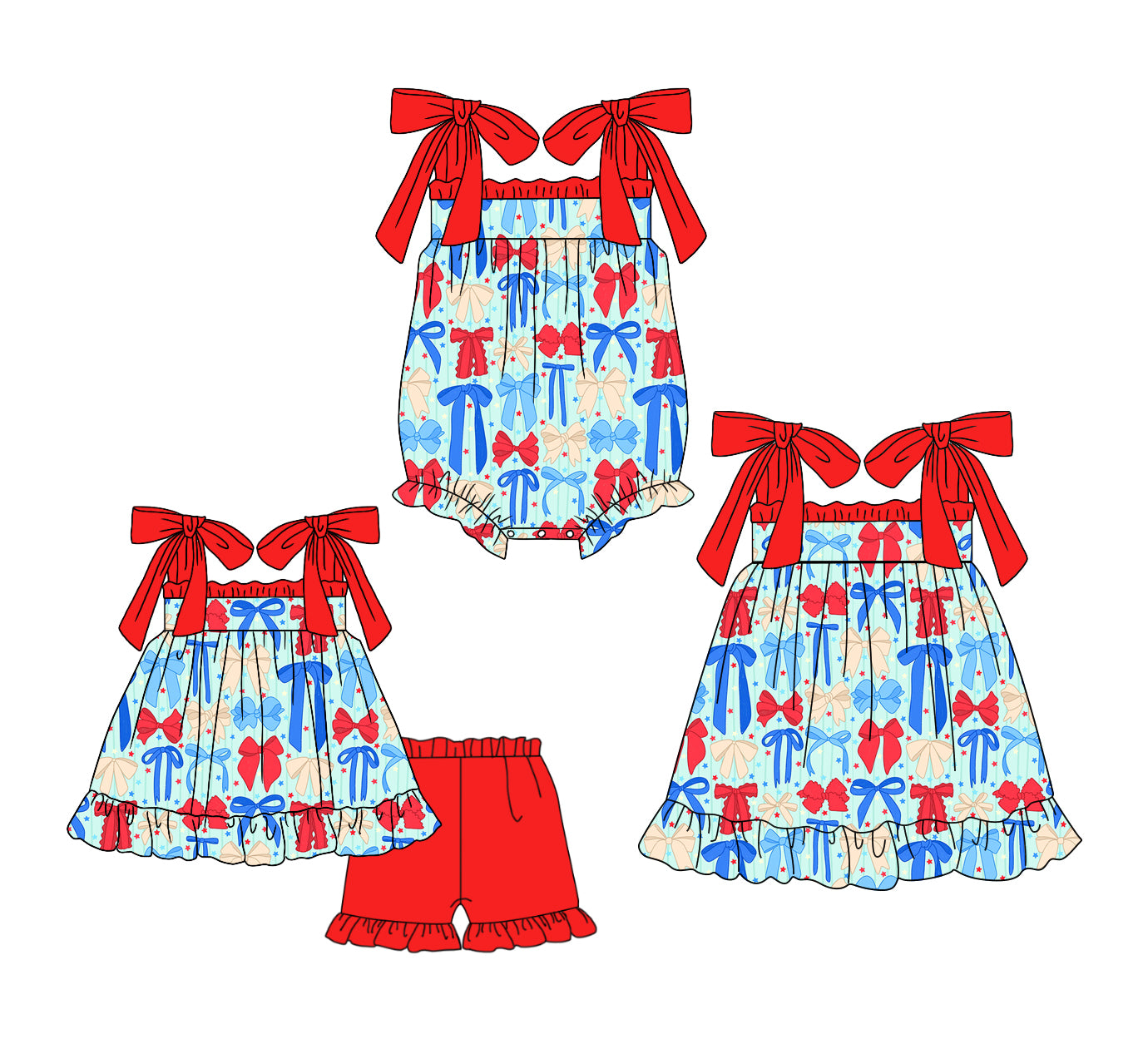 3.5 Custom moq 5 mix size Sibling Baby Girl's 4th of July Sleeveless Top And Red Ruffle Short Set Cute Romper Dress for Summer