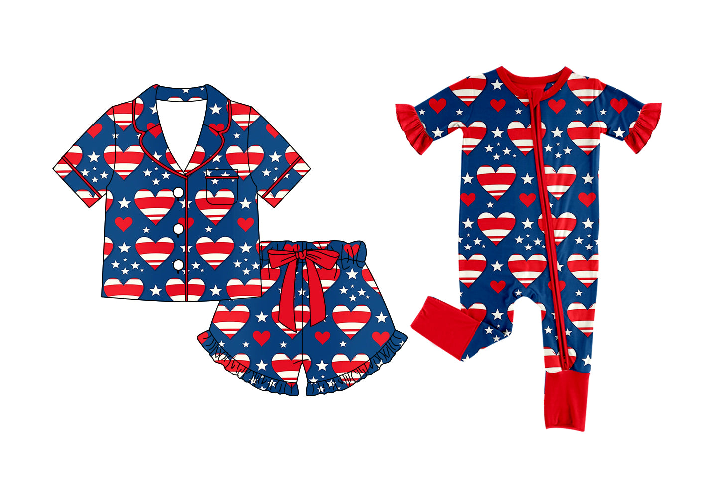 Custom moq 5 mix size Sibling Baby Girl's Heart-Print Short-Sleeved Pajamas Romper with Shorts 4th of July Sleepwear for Infants