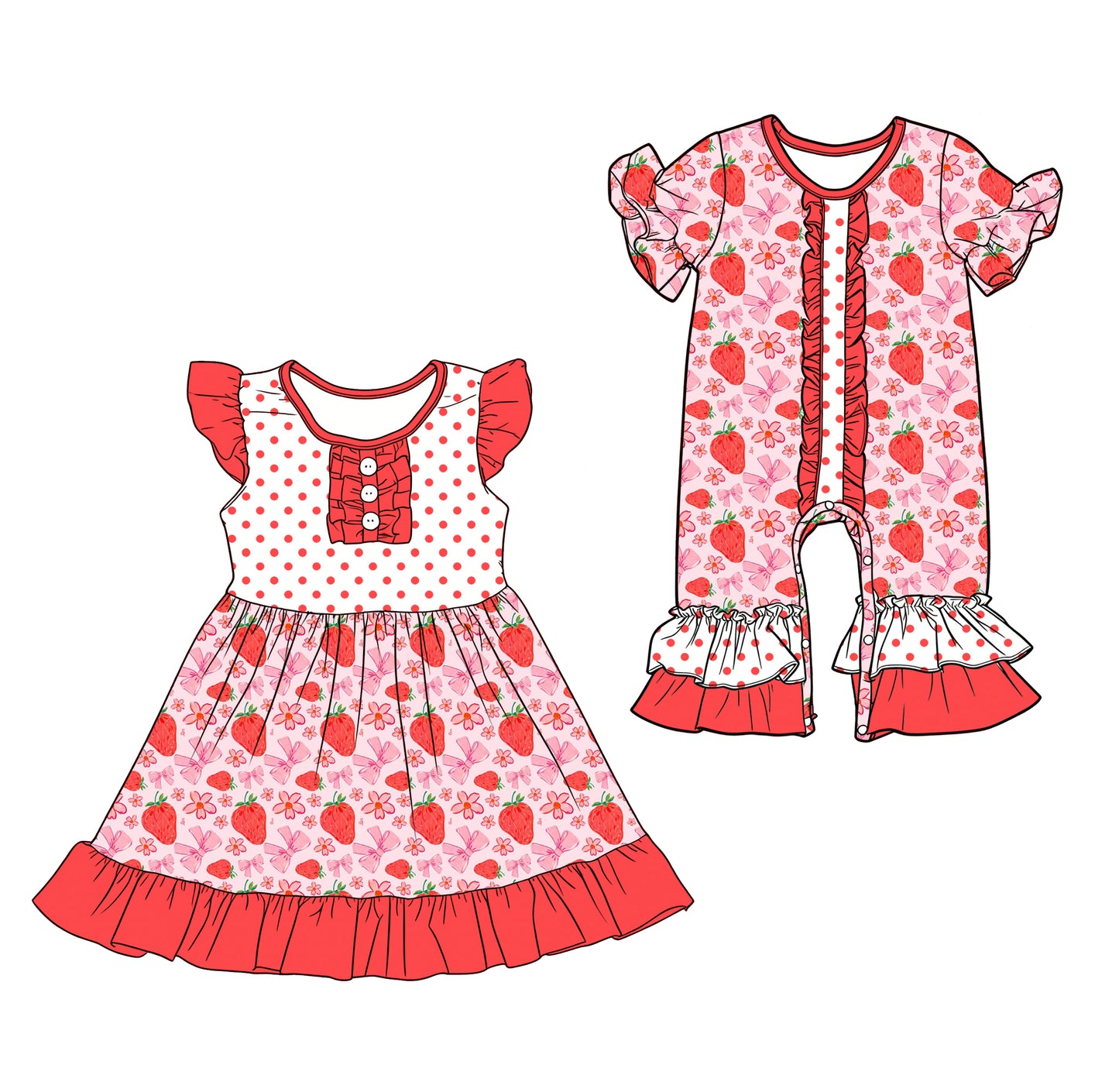 25.12.19 custom each style moq 5 eta 6-8week Sibling Sister strawberry bow floral baby short sleeve romper and dress match design