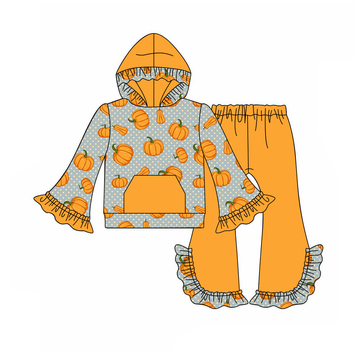 5.29 custom each style moq 5 eta 4-5week Halloween pumpkin orange hooded long sleeve lace pants outfits