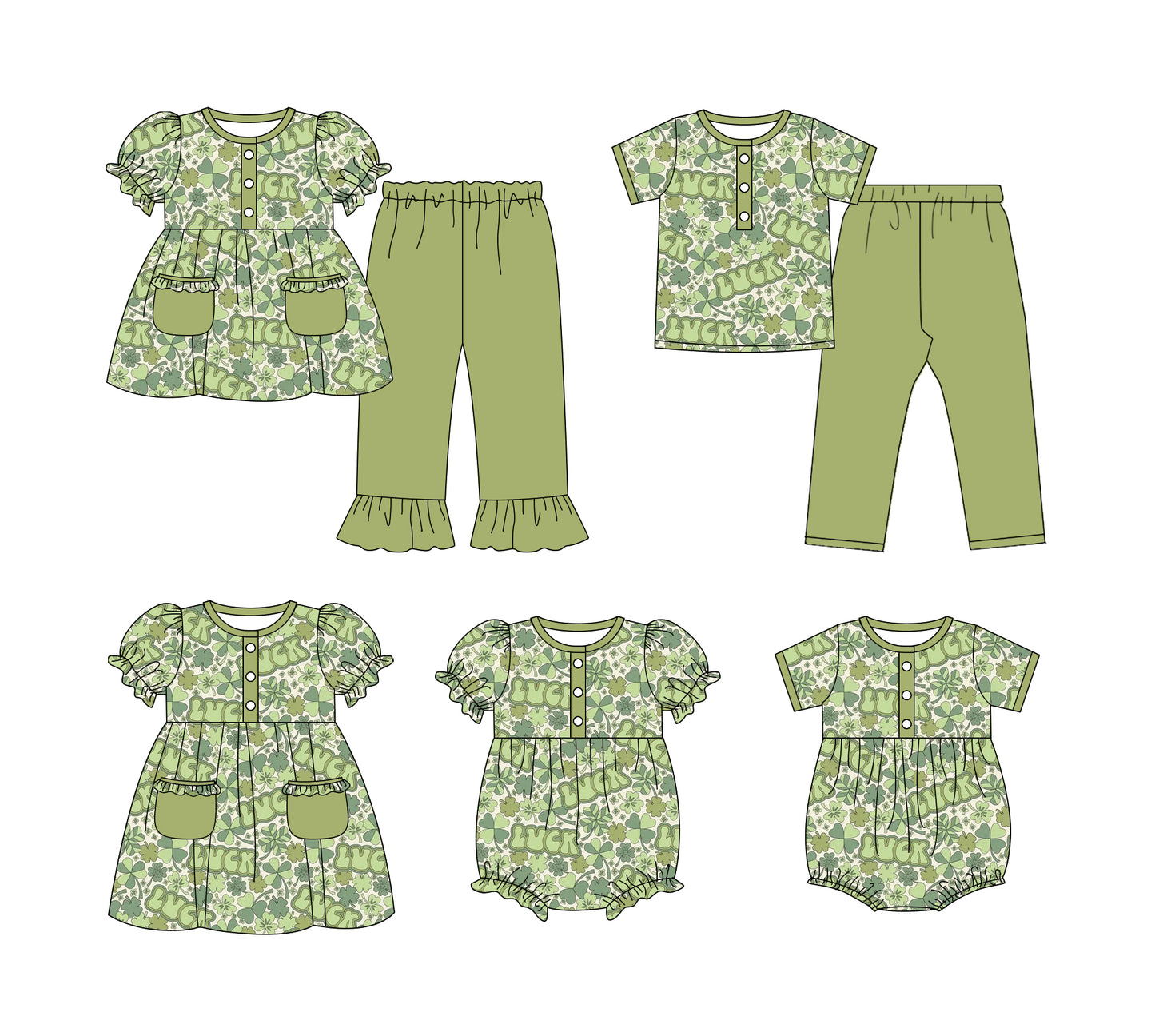 25.9.13 custom each style moq 5eta 6-8week Sibling Sister LUCK baby short sleeve pants sets 2 and romper 2 and dress match design