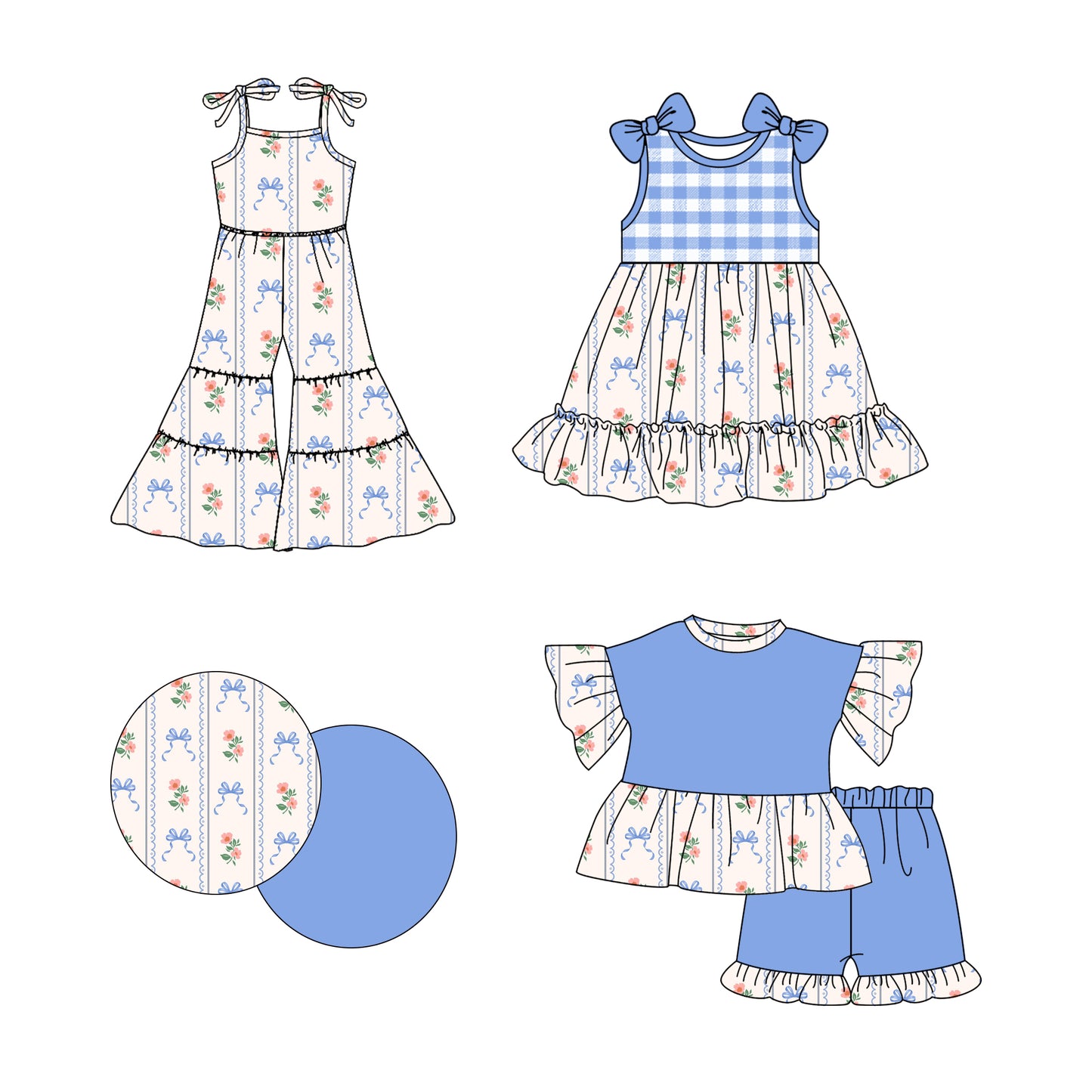 2.21 custom each style moq 5eta 4-6week Sibling Sister floral bow baby girl sets and dress and jumpsuit match family design