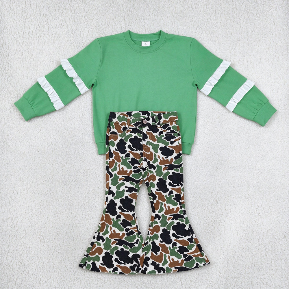 NEW RTS NO MOQ Denim GT1858+ P0582 Baby Girls Green White Patchwork Long Sleeve T-shirts Top Brown Camo Fall Bell Flare Denim Pants Sets