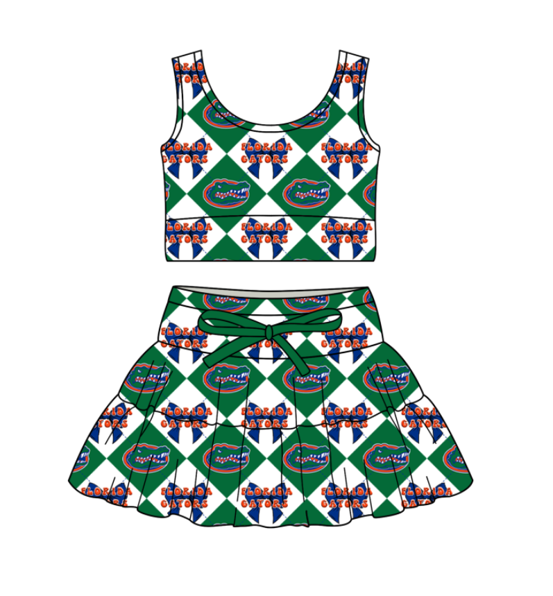 Custom moq 5 mix size green Plaid Baby Girl Sleeveless Top And Skirt Team Outfit Children's Clothing