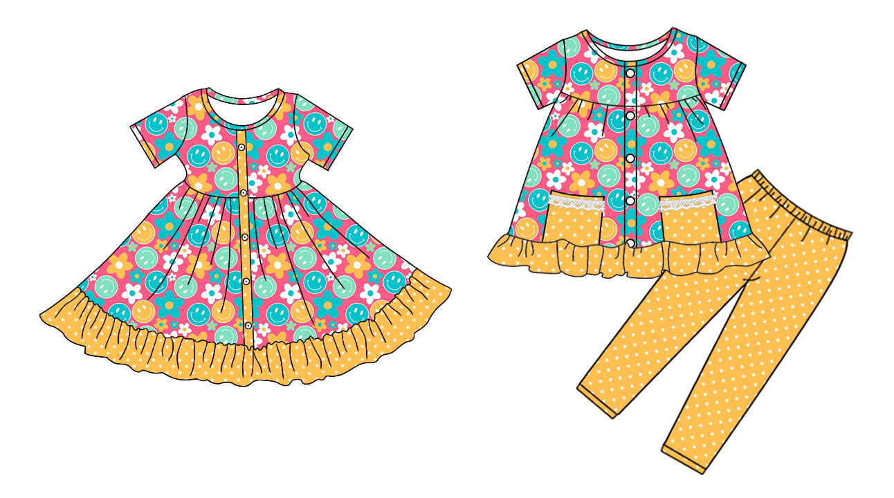 25.5.9 custom each style moq 5eta 4-6week Sibling Sister smiley floral baby girl pants sets and dress match family design