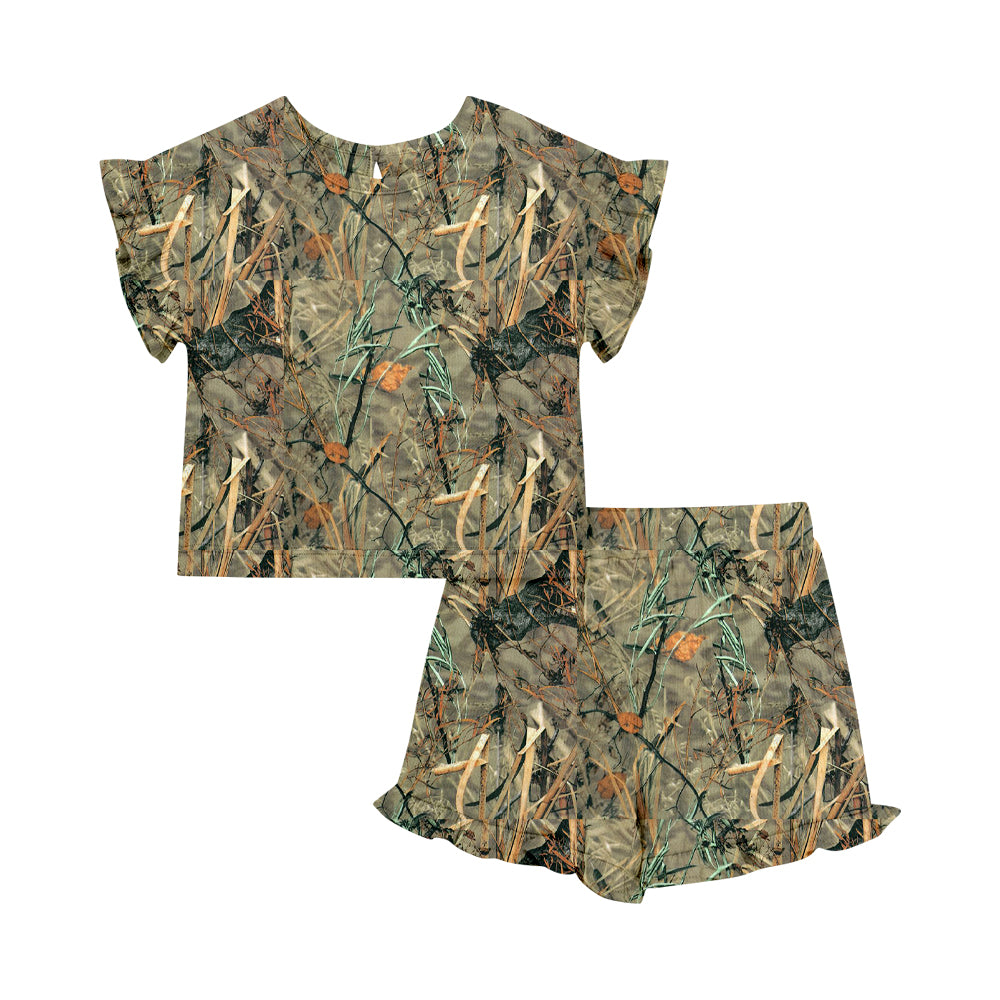 Custom moq 5 mix size Baby Girl's Green Dead Leaf Camouflage Short-Sleeved Top And Shorts Set Cute Outfit
