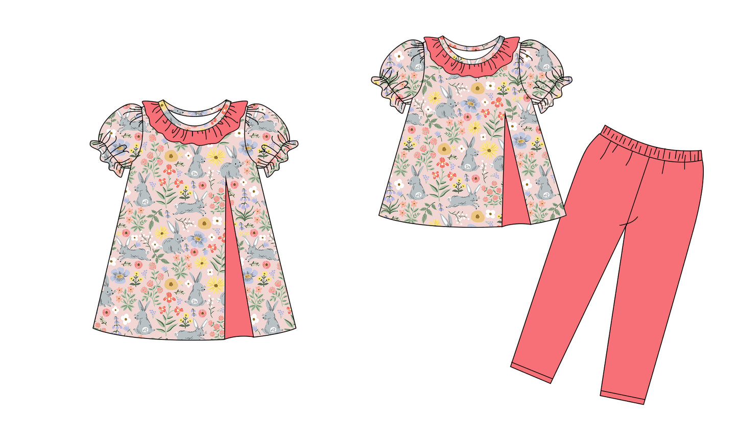 25.9.19 custom each style moq 8 eta 6-8week Sibling Sisters rabbit floral baby girl short sleeve pants sets and dress match family design