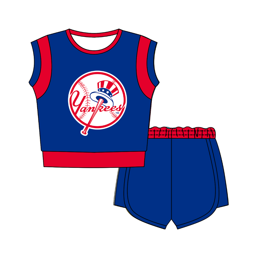 Custom moq 5 mix size milk silk summer teams Blue Sleeveless O-Neck Top And Shorts Set Cute And Comfortable Kids' Outfit