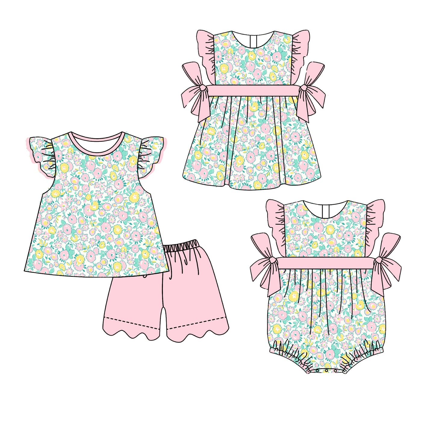 3.30 Custom moq 5 mix size Sibling Baby Girl's Colorful Flowers Flutter Sleeve Top And Pink Scallop Shorts Set Cute Romper Dress for Summer