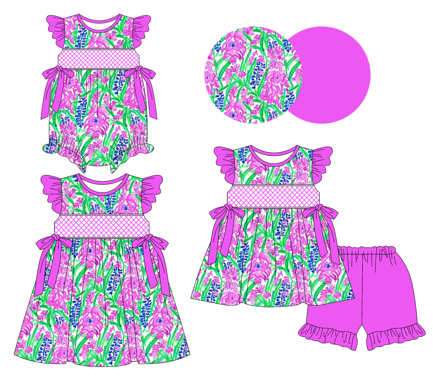 3.11 custom each style moq 5eta 4-6week Sibling Sisters floral baby girl short sleeve shorts sets and dress and rompers match family design