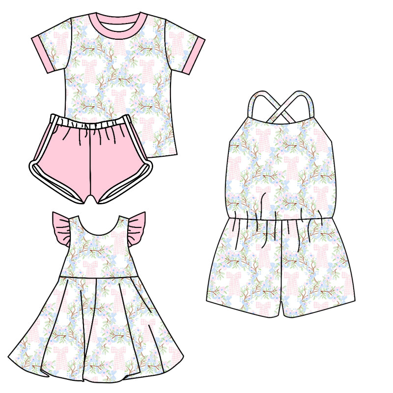 3.13 custom each style moq 5eta 4-6week Sibling Sister floral bow baby girl short sleeve shorts sets and dresses and jumpsuit match design
