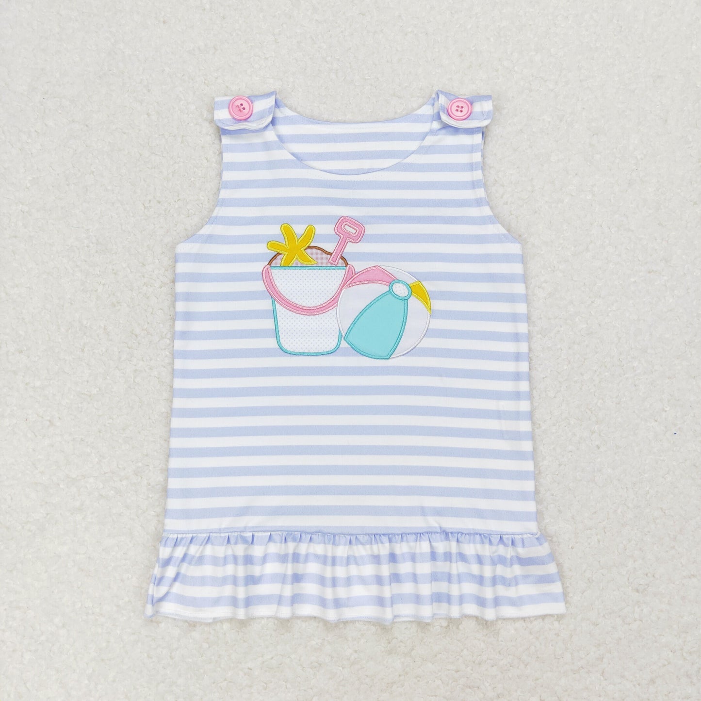 RTS NO MOQ(In Stock) GT0568 Embroidered beach ball starfish bucket blue and white striped sleeveless top