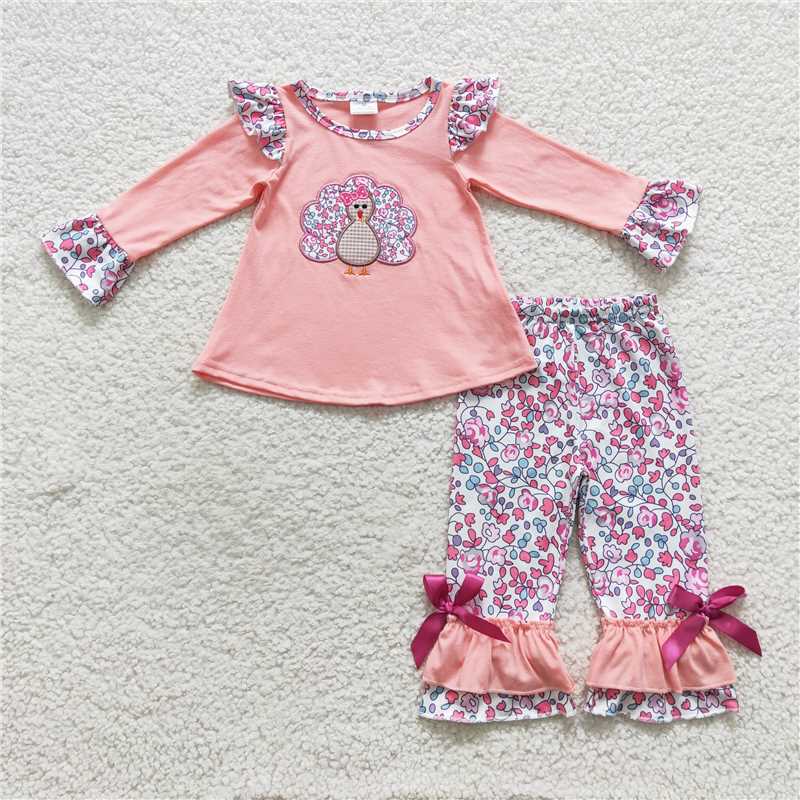 RTS NO MOQ(In Stock ) GLP0466 Embroidered turkey long sleeve pants set