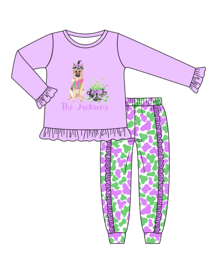 Custom moq 5 mix size milk silk summer teams baby girl clothes halloween purple long sleeve pants sets-25.8.6