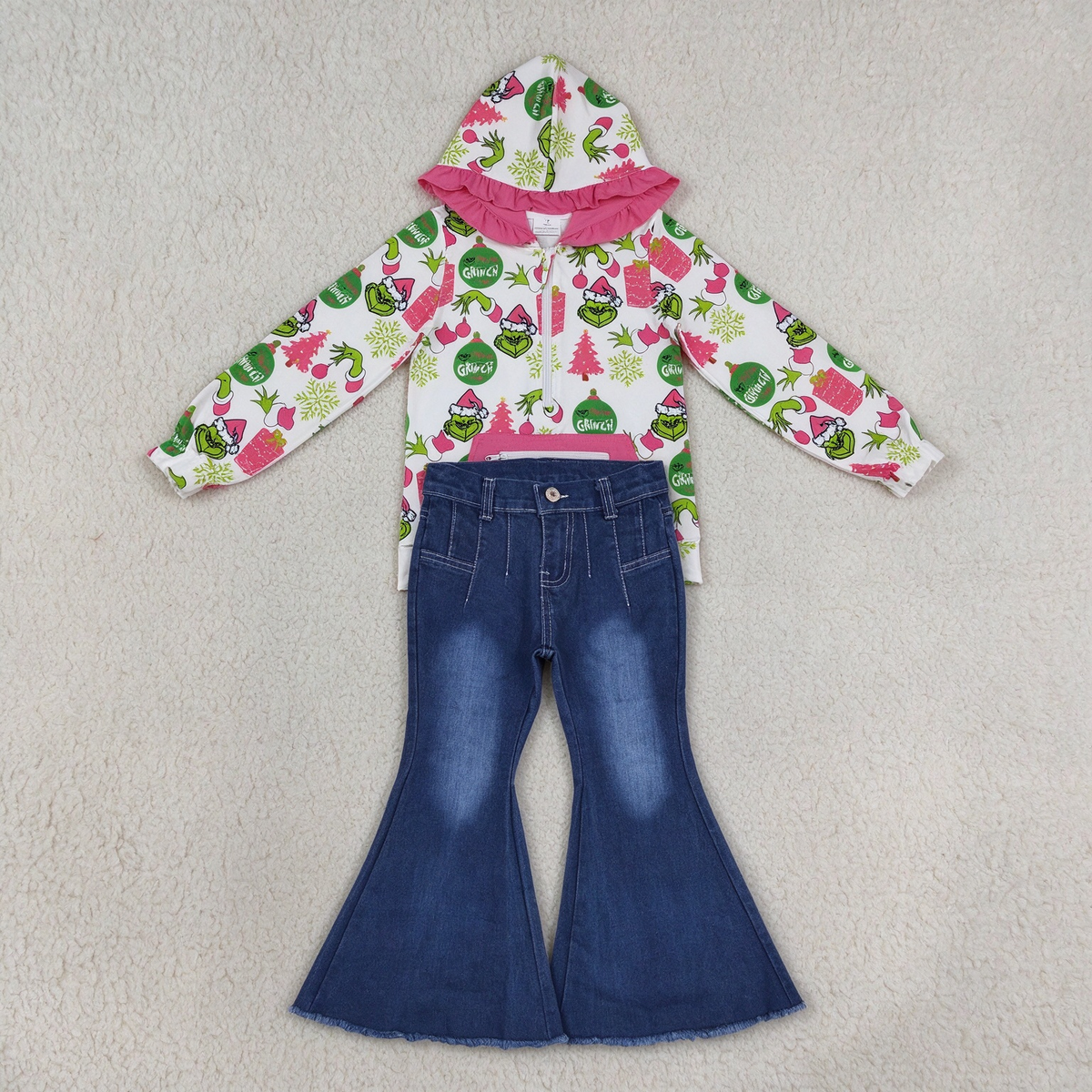 NEW RTS NO MOQ Denim GT1164+ P0457 Cute Clothes Baby Girls Christmas Print Ruffle Hoodie Zip Top Dark Denim Bell Bottom Pants Set