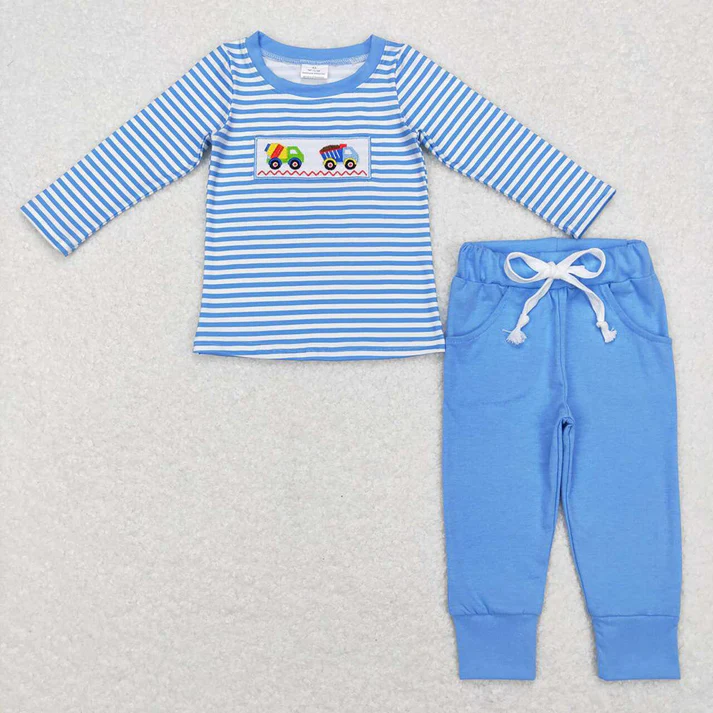 RTS NO MOQ Baby Boys Embroidered Truck Pattern Blue Striped Long Sleeve Trousers Set & Romper