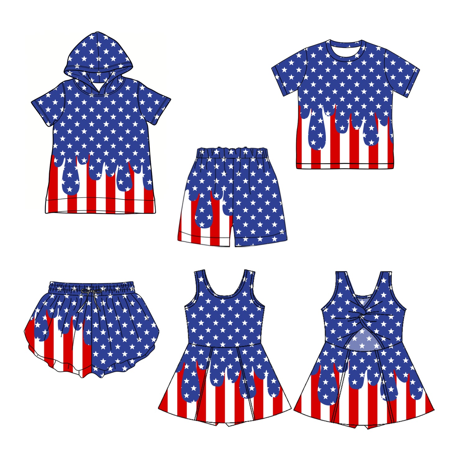 Custom moq 5 mix size Sibling Baby Boy Short-Sleeved Hooded Top and Crew Neck Top with Shorts Baby Girl Yoga Shorts And Dress for Kids 4th of July Clothing
