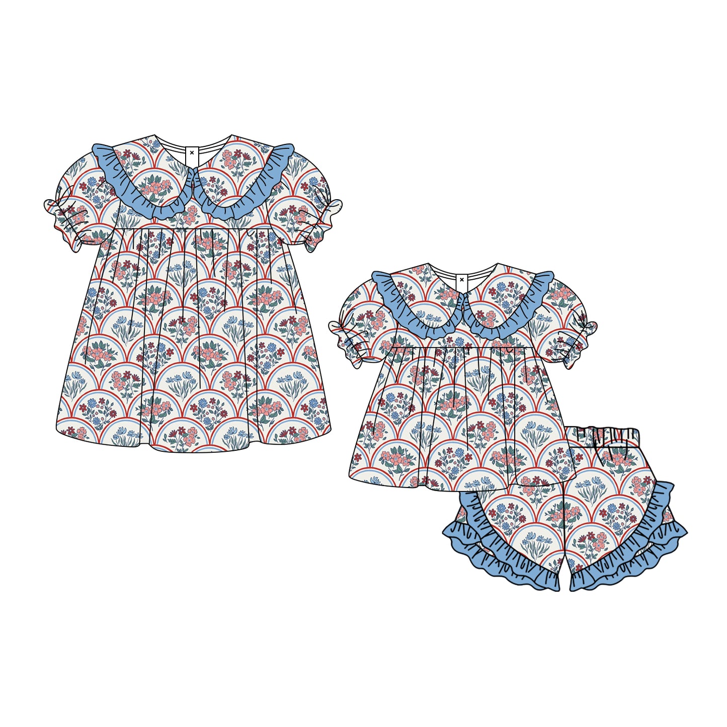3.3 Custom moq 5 mix size Sibling Baby Girl's flowers Short-Sleeved Top And Shorts Set Cute Dress for Summer