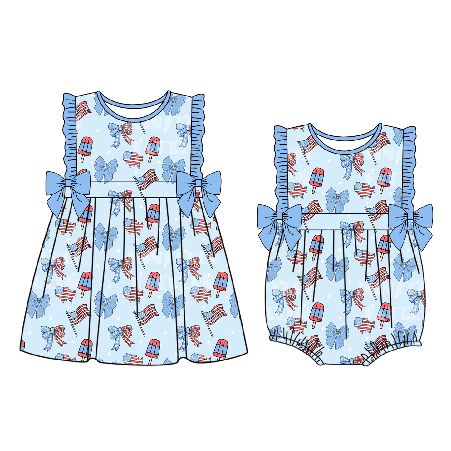 26.1.9 custom each style moq 5 eta 6-8week Sibling Sister flag bow baby short sleeve romper and dress match design