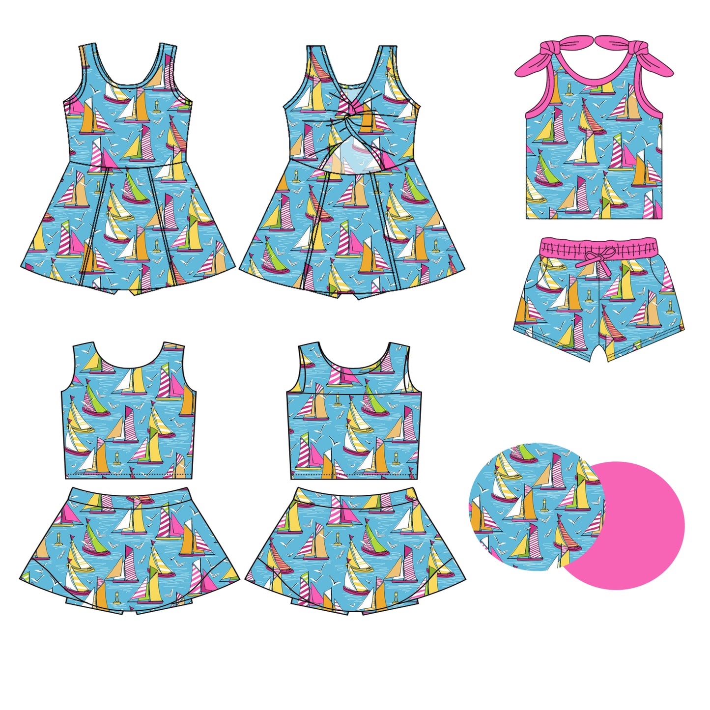 3.10 custom each style moq 5eta 4-6week Sibling Sister boat baby girls clothes Short Sleeve shorts sets 1 and yoga dress 1 and dress 2 match family design