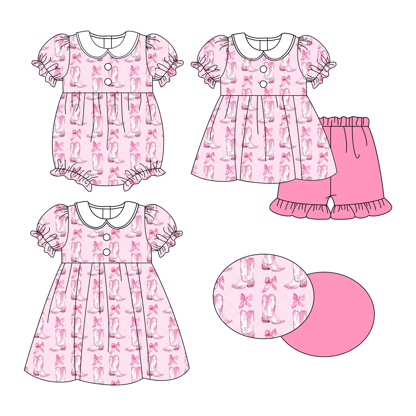 25.11.2 custom each style moq 5 eta 6-8week Sibling Sister boot bow baby short sleeve shorts sets and romper and dress match design