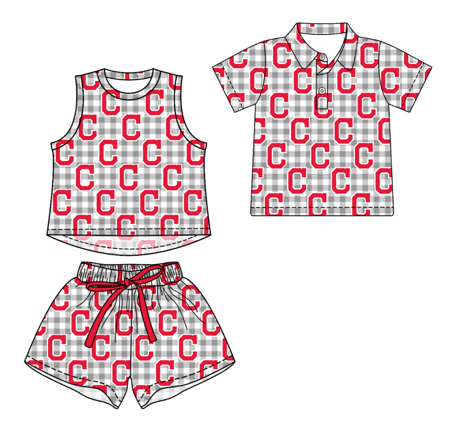 Custom moq 5 mix size milk silk summer teams Grey Checked Girls Sleeveless Top And Short Sets Boys Short Sleeve Button Polo Shirt Top